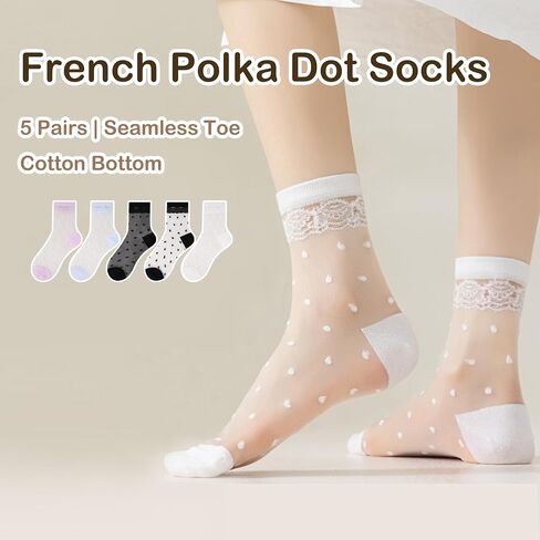Women's Sheer Mesh Polka Dot Crew Socks Cotton Sole Seamless Toe Breathable Transparent Dress Socks 5 Pairs in Saudi Arabia