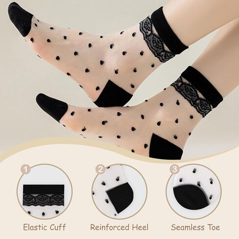 Women's Sheer Mesh Polka Dot Crew Socks Cotton Sole Seamless Toe Breathable Transparent Dress Socks 5 Pairs in Saudi Arabia