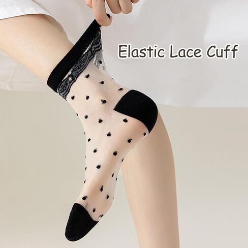 Women's Sheer Mesh Polka Dot Crew Socks Cotton Sole Seamless Toe Breathable Transparent Dress Socks 5 Pairs in Saudi Arabia