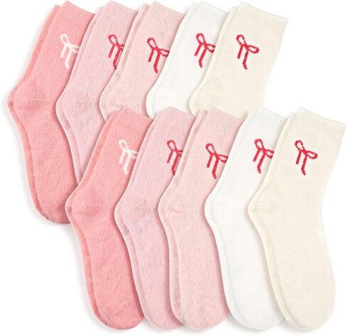 Foaincore 10 Pairs Fuzzy Socks for Women, Pink White Bow Fuzzy Socks, Cute Coquette Clothes, Winter Cozy Fluffy Warm Socks in Kuwait