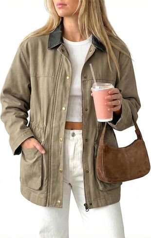 Barn Jackets for Women Contrast Collar Utility Jacket Zip Up Drawstring Waist Barn Coats 2025 with Pocket in Kuwait