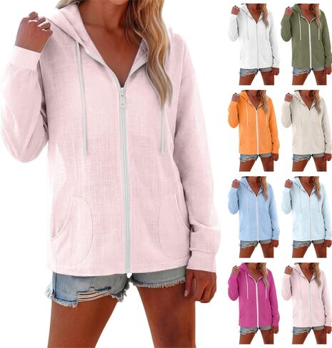Summer Beach Cover Up for Women Linen Zip Up Hoodies Cotton Gauze Tops Breathable Drawstring Long Sleeve Sweatshirt in Kuwait