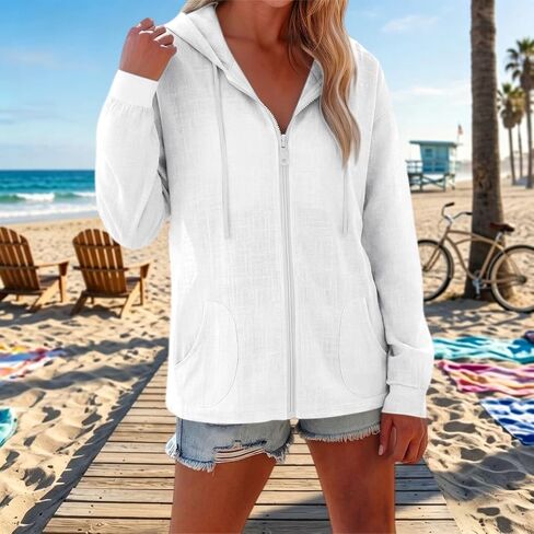 Summer Beach Cover Up for Women Linen Zip Up Hoodies Cotton Gauze Tops Breathable Drawstring Long Sleeve Sweatshirt in Kuwait