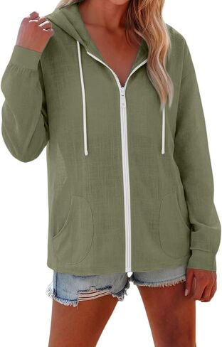 Summer Beach Cover Up for Women Linen Zip Up Hoodies Cotton Gauze Tops Breathable Drawstring Long Sleeve Sweatshirt in Kuwait