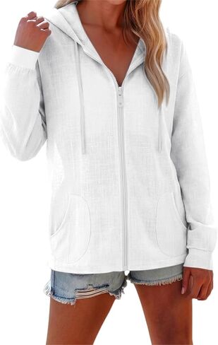 Summer Beach Cover Up for Women Linen Zip Up Hoodies Cotton Gauze Tops Breathable Drawstring Long Sleeve Sweatshirt in Kuwait