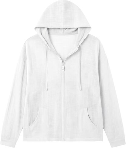 Summer Beach Cover Up for Women Linen Zip Up Hoodies Cotton Gauze Tops Breathable Drawstring Long Sleeve Sweatshirt in Kuwait