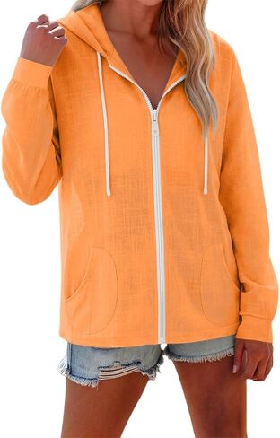 Summer Beach Cover Up for Women Linen Zip Up Hoodies Cotton Gauze Tops Breathable Drawstring Long Sleeve Sweatshirt in Kuwait