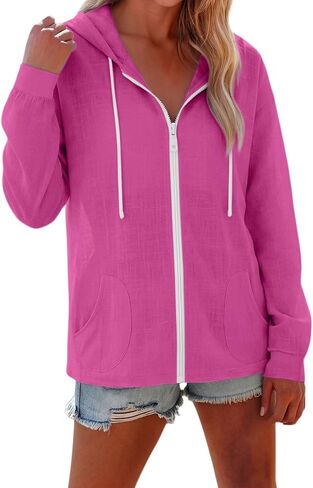 Summer Beach Cover Up for Women Linen Zip Up Hoodies Cotton Gauze Tops Breathable Drawstring Long Sleeve Sweatshirt in Kuwait