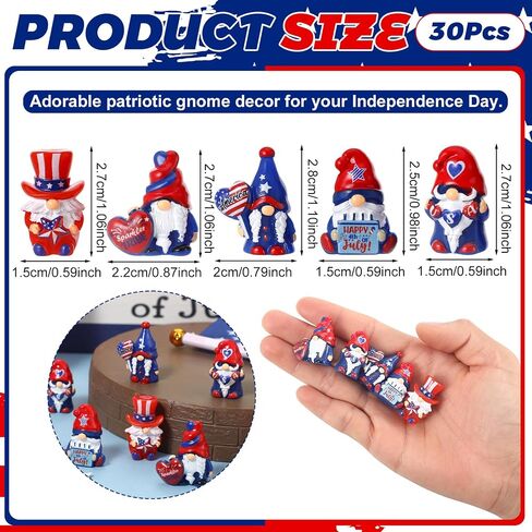30 Pcs 4th of July Mini Gnomes Figurines Tiny Gnome Figures Independence Day Patriotic Mini Resin Gnomes Memorial Day Decor for Desktop Moss Landscape Cake Decor Party Favors in Kuwait