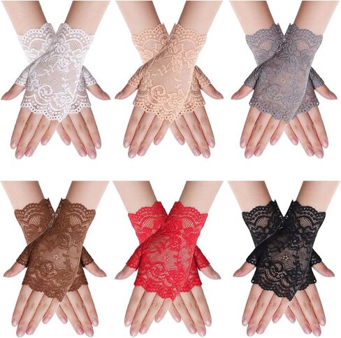 6 Pairs Short Lace Gloves for Women Fingerless Wrist Hand Sleeve for Wedding Tea Party Halloween in Saudi Arabia