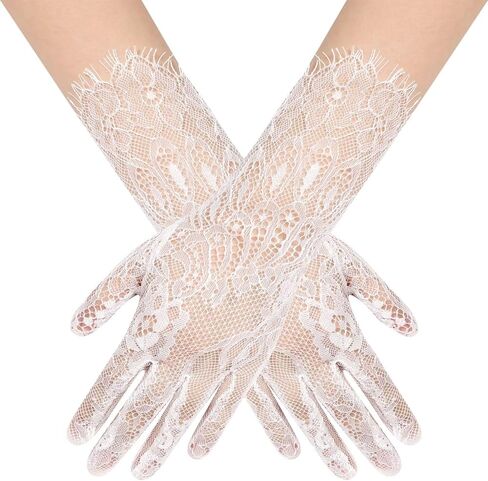 Women's Short Floral Lace Gloves Sheer Tulle Mesh Wrist Length Wedding Bridal Opera Tea Party Gloves in Saudi Arabia