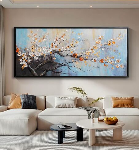 Hand-Painted Plum Blossom Wall Art for Living Room, Large 3D Texture Floral Canvas Oil Painting for Bedroom, Modern Black Framed Artwork for Above Sofa Office Kitchen Ready to Hang 24x56 Inches in Saudi Arabia