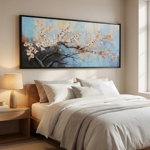 Hand-Painted Plum Blossom Wall Art for Living Room, Large 3D Texture Floral Canvas Oil Painting for Bedroom, Modern Black Framed Artwork for Above Sofa Office Kitchen Ready to Hang 24x56 Inches in Saudi Arabia