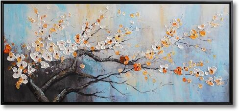 Hand-Painted Plum Blossom Wall Art for Living Room, Large 3D Texture Floral Canvas Oil Painting for Bedroom, Modern Black Framed Artwork for Above Sofa Office Kitchen Ready to Hang 24x56 Inches in Saudi Arabia