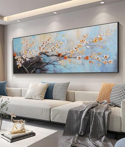 Hand-Painted Plum Blossom Wall Art for Living Room, Large 3D Texture Floral Canvas Oil Painting for Bedroom, Modern Black Framed Artwork for Above Sofa Office Kitchen Ready to Hang 24x56 Inches in Saudi Arabia