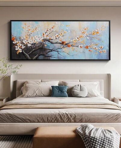 Hand-Painted Plum Blossom Wall Art for Living Room, Large 3D Texture Floral Canvas Oil Painting for Bedroom, Modern Black Framed Artwork for Above Sofa Office Kitchen Ready to Hang 24x56 Inches in Saudi Arabia