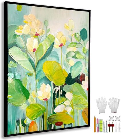 Large High-End Hand Painted Floral Oil Painting,Colorful 3D Textured Green Flower Canvas Vertical Wall Art Black Aluminum Alloy Frame,Bright Modern Botanical Home Decor for Living Room, 20" x 32" (Flower-01, 20" x 32") in Kuwait