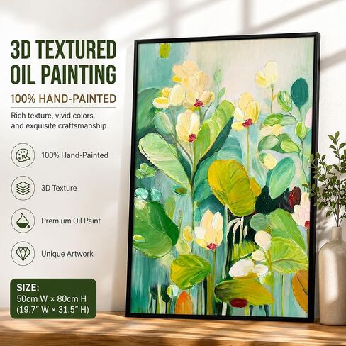 Large High-End Hand Painted Floral Oil Painting,Colorful 3D Textured Green Flower Canvas Vertical Wall Art Black Aluminum Alloy Frame,Bright Modern Botanical Home Decor for Living Room, 20" x 32" (Flower-01, 20" x 32") in Kuwait