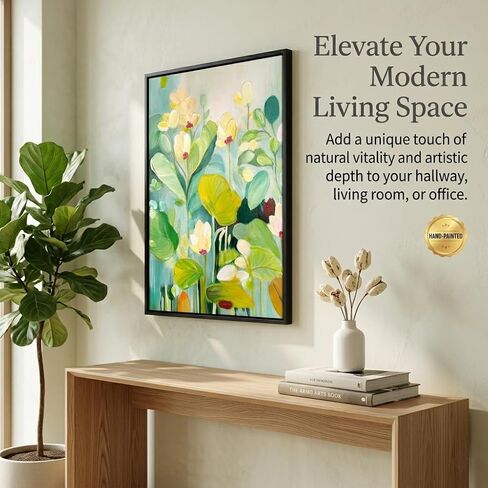Large High-End Hand Painted Floral Oil Painting,Colorful 3D Textured Green Flower Canvas Vertical Wall Art Black Aluminum Alloy Frame,Bright Modern Botanical Home Decor for Living Room, 20" x 32" (Flower-01, 20" x 32") in Kuwait