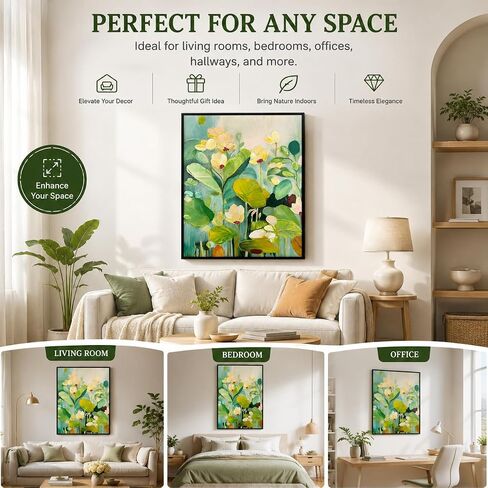 Large High-End Hand Painted Floral Oil Painting,Colorful 3D Textured Green Flower Canvas Vertical Wall Art Black Aluminum Alloy Frame,Bright Modern Botanical Home Decor for Living Room, 20" x 32" (Flower-01, 20" x 32") in Kuwait