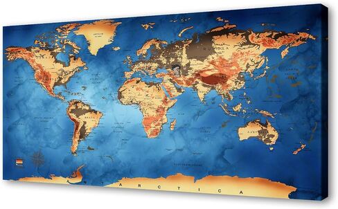 Vintage World Map Canvas Wall Art - Retro Style Physical Map with Detailed Topography, Large Blue Ocean Nautical Decor for Office, Living Room, Home Decor - Framed in Saudi Arabia