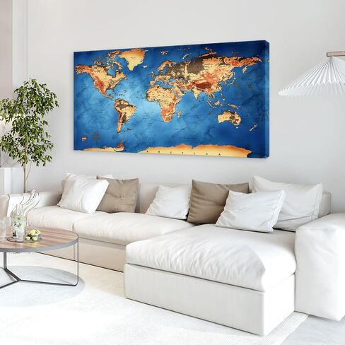 Vintage World Map Canvas Wall Art - Retro Style Physical Map with Detailed Topography, Large Blue Ocean Nautical Decor for Office, Living Room, Home Decor - Framed in Saudi Arabia
