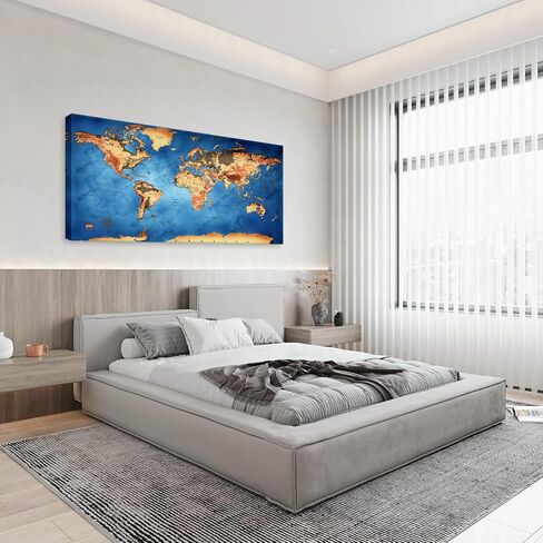 Vintage World Map Canvas Wall Art - Retro Style Physical Map with Detailed Topography, Large Blue Ocean Nautical Decor for Office, Living Room, Home Decor - Framed in Saudi Arabia