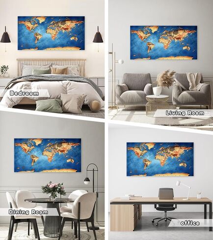 Vintage World Map Canvas Wall Art - Retro Style Physical Map with Detailed Topography, Large Blue Ocean Nautical Decor for Office, Living Room, Home Decor - Framed in Saudi Arabia