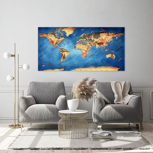 Vintage World Map Canvas Wall Art - Retro Style Physical Map with Detailed Topography, Large Blue Ocean Nautical Decor for Office, Living Room, Home Decor - Framed in Saudi Arabia