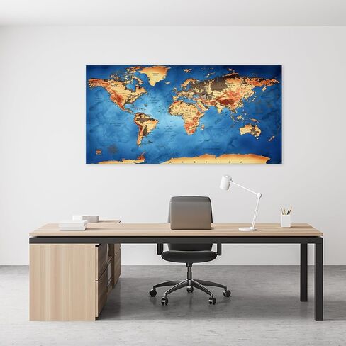 Vintage World Map Canvas Wall Art - Retro Style Physical Map with Detailed Topography, Large Blue Ocean Nautical Decor for Office, Living Room, Home Decor - Framed in Saudi Arabia