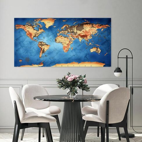 Vintage World Map Canvas Wall Art - Retro Style Physical Map with Detailed Topography, Large Blue Ocean Nautical Decor for Office, Living Room, Home Decor - Framed in Saudi Arabia