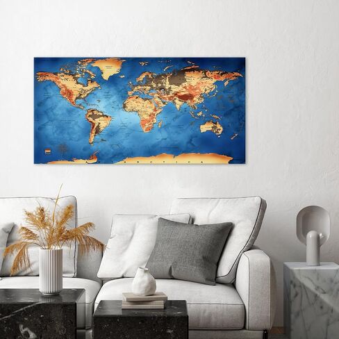 Vintage World Map Canvas Wall Art - Retro Style Physical Map with Detailed Topography, Large Blue Ocean Nautical Decor for Office, Living Room, Home Decor - Framed in Saudi Arabia