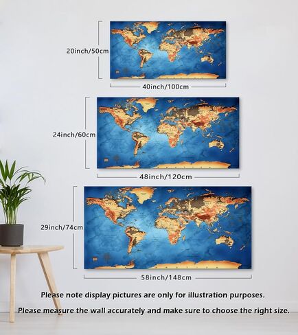 Vintage World Map Canvas Wall Art - Retro Style Physical Map with Detailed Topography, Large Blue Ocean Nautical Decor for Office, Living Room, Home Decor - Framed in Saudi Arabia