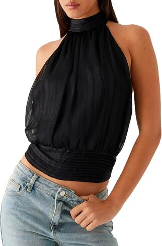 Meiweileya Women Chiffon Halter Tops Sleeveless High Neck Tank Top Camisole Tie Open Back Going Out Sexy Summer Party Shirt in Kuwait