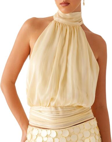 Meiweileya Women Chiffon Halter Tops Sleeveless High Neck Tank Top Camisole Tie Open Back Going Out Sexy Summer Party Shirt in Kuwait