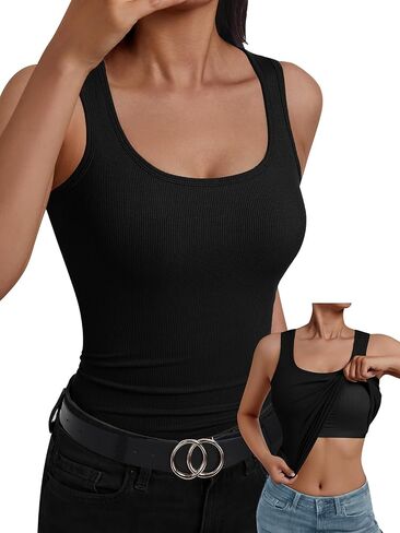 Built in Bra Tank Tops for Women Ribbed Scoop Neck Slim Fit Sleeveless Going Out Summer Tops in Saudi Arabia