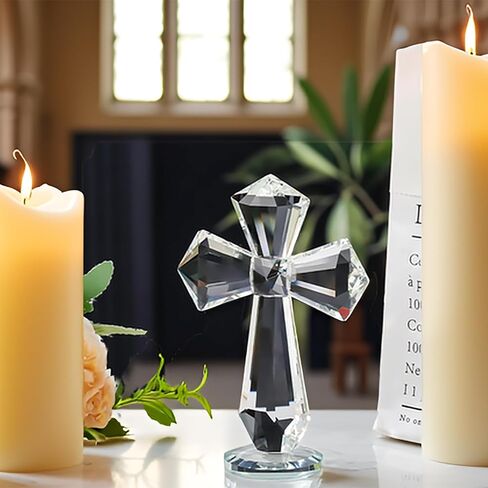 Hand-Carved Crystal Cross Desk Decor - 6 Inch Spiritual Gift for Christians, Clear K9 Crystal Religious Figurine with 360° Faceted Design, Home Altar & Office Inspirational Ornament (Transparent) in Saudi Arabia