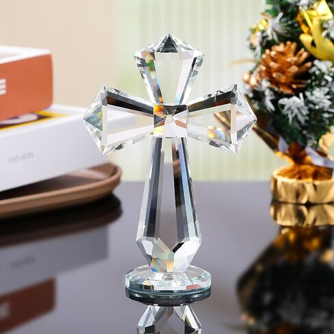 Hand-Carved Crystal Cross Desk Decor - 6 Inch Spiritual Gift for Christians, Clear K9 Crystal Religious Figurine with 360° Faceted Design, Home Altar & Office Inspirational Ornament (Transparent) in Saudi Arabia