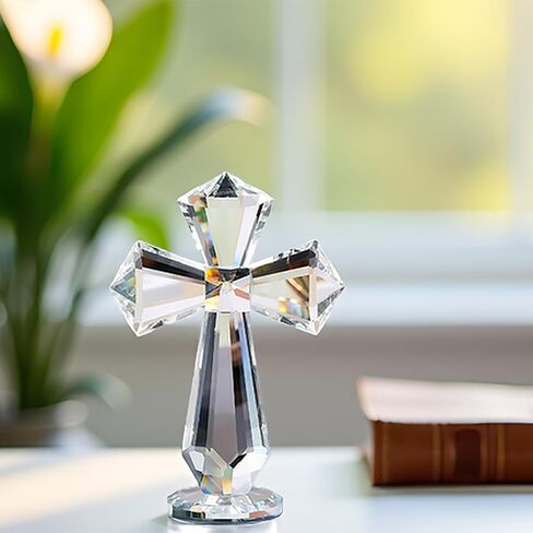 Hand-Carved Crystal Cross Desk Decor - 6 Inch Spiritual Gift for Christians, Clear K9 Crystal Religious Figurine with 360° Faceted Design, Home Altar & Office Inspirational Ornament (Transparent) in Saudi Arabia