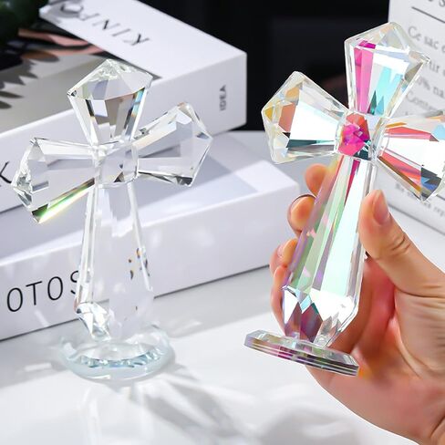 Hand-Carved Crystal Cross Desk Decor - 6 Inch Spiritual Gift for Christians, Clear K9 Crystal Religious Figurine with 360° Faceted Design, Home Altar & Office Inspirational Ornament (Transparent) in Saudi Arabia