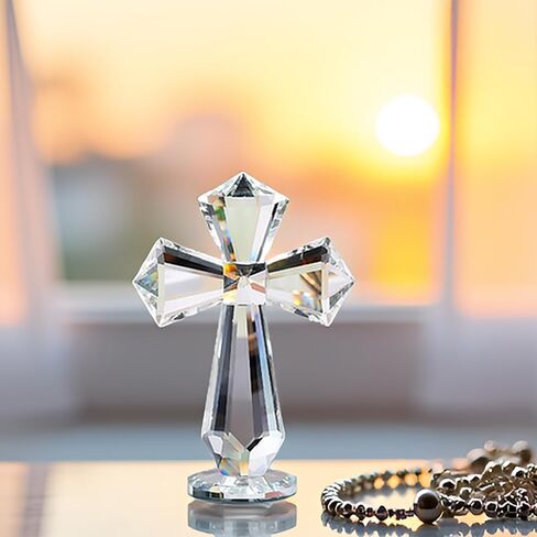 Hand-Carved Crystal Cross Desk Decor - 6 Inch Spiritual Gift for Christians, Clear K9 Crystal Religious Figurine with 360° Faceted Design, Home Altar & Office Inspirational Ornament (Transparent) in Saudi Arabia
