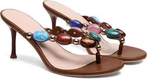 Oakmoo Women's Jeweled Thong Strappy Sandal Summer Mules Kitten Heels Flip Flop Round Open Toe Mid Heels Fashion Wedding Party Dress Thong Casual Shoes in Saudi Arabia
