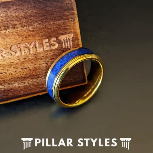 8mm Lapis Lazuli Ring 14K Gold Wedding Bands Blue Lapis Tungsten Rings for Men with Step Edges Unique for Him in Kuwait