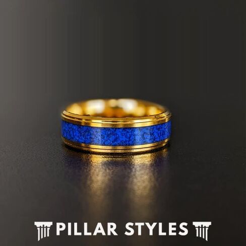 8mm Lapis Lazuli Ring 14K Gold Wedding Bands Blue Lapis Tungsten Rings for Men with Step Edges Unique for Him in Kuwait