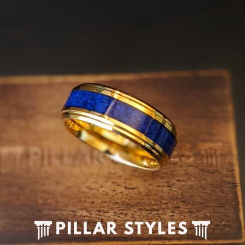 8mm Lapis Lazuli Ring 14K Gold Wedding Bands Blue Lapis Tungsten Rings for Men with Step Edges Unique for Him in Kuwait