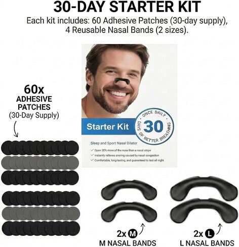 Non-Magnetic Nasal Bands to Help Reduce Snoring, Professional Reusable Nose Dilator and Airflow Opener for Sleep and Sport, Includes 30-Day Supply of Adhesive Patches and 2 Sizes of Bands (Black) in Saudi Arabia