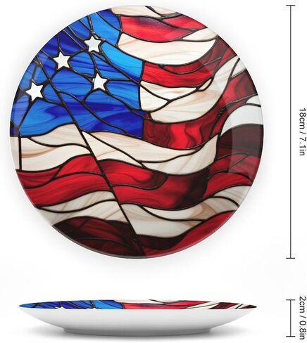 Decorative Plates for Home Decor, Blue Red USA Flag Stained Glass Painting Decor Tray for Table Display, Ceramic Dinner Plate W/ Stand, Living Room Dining Room Decor, Gifts for Patriotic, 7 Inch in Kuwait
