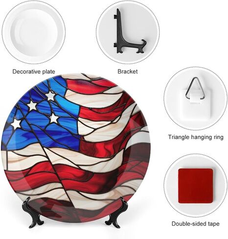 Decorative Plates for Home Decor, Blue Red USA Flag Stained Glass Painting Decor Tray for Table Display, Ceramic Dinner Plate W/ Stand, Living Room Dining Room Decor, Gifts for Patriotic, 7 Inch in Kuwait