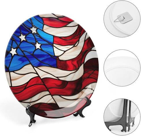 Decorative Plates for Home Decor, Blue Red USA Flag Stained Glass Painting Decor Tray for Table Display, Ceramic Dinner Plate W/ Stand, Living Room Dining Room Decor, Gifts for Patriotic, 7 Inch in Kuwait