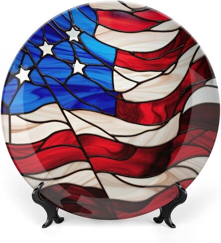 Decorative Plates for Home Decor, Blue Red USA Flag Stained Glass Painting Decor Tray for Table Display, Ceramic Dinner Plate W/ Stand, Living Room Dining Room Decor, Gifts for Patriotic, 7 Inch in Kuwait